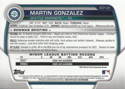 2023 Bowman Chrome Prospects Martin Gonzalez 1st Seattle Mariners #BCP-28