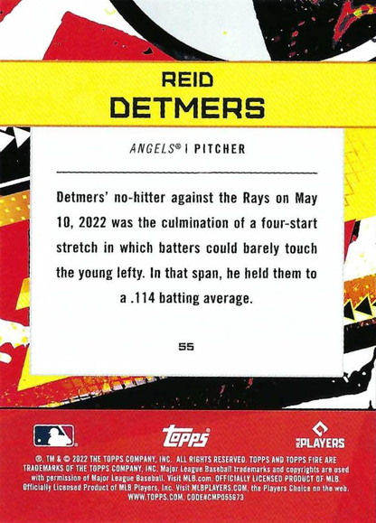 2022 Topps Fire Reid Detmers RC Los Angeles Angels #55