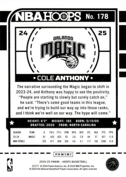 2024 Panini Hoops Cole Anthony #178 Orlando Magic