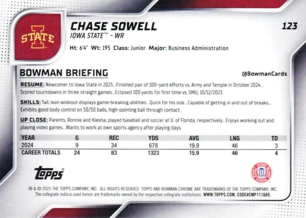 2025 Topps Bowman U Chrome Chase Sowell 1st #123 Iowa State Cyclones