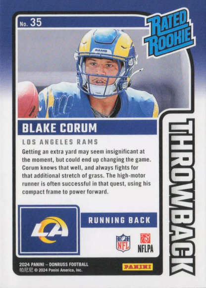 2024 Panini Donruss Rated Rookies Throwback Blake Corum RC #35 Los Angeles Rams