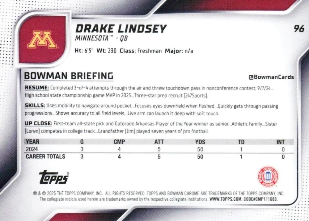 2025 Topps Bowman U Chrome Drake Lindsey 1st #96 Minnesota Golden Gophers