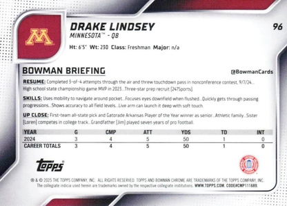 2025 Topps Bowman U Chrome Drake Lindsey 1st #96 Minnesota Golden Gophers