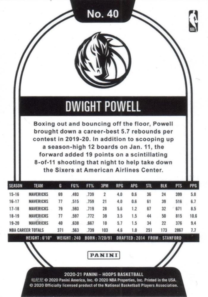 2020 Panini Hoops Dwight Powell #40 Dallas Mavericks