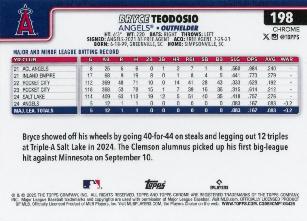 2025 Topps Chrome MLB Bryce Teodosio RC #198 Los Angeles Angels