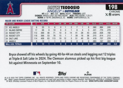 2025 Topps Chrome MLB Bryce Teodosio RC #198 Los Angeles Angels