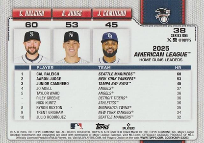 2026 Topps Series 1 American League Leaders HRs (Judge / Caminero / Raleigh) LL #38
