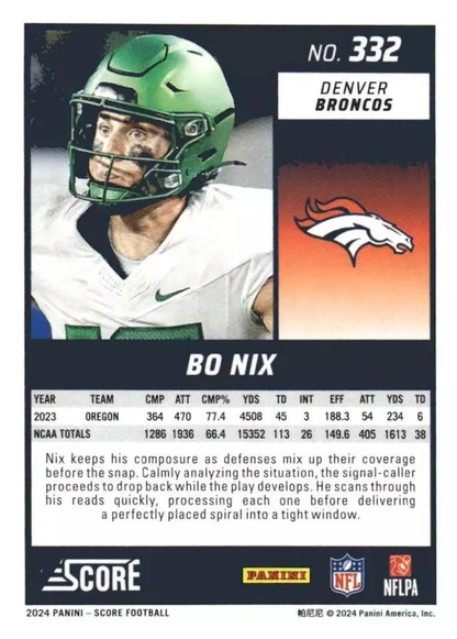 2024 Panini Score Football Bo Nix Denver Broncos #332 RC