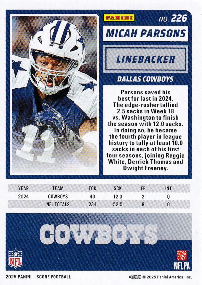 2025 Panini Score Micah Parsons #226 Dallas Cowboys