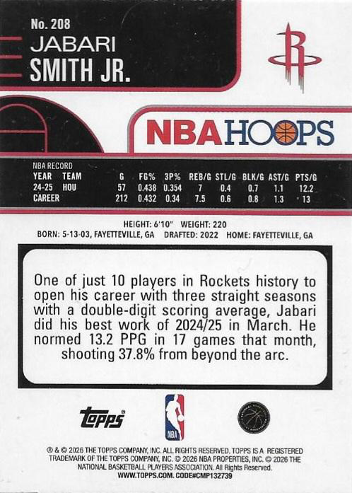 2025 Topps Hoops Jabari Smith Jr. #208 Houston Rockets