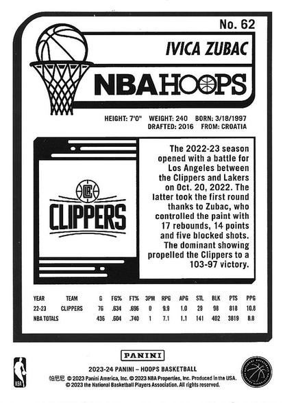 2023 Panini Hoops Ivica Zubac #62 Los Angeles Clippers