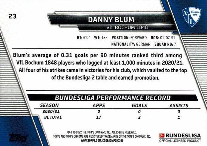 2021 Topps Chrome Bundesliga Danny Blum #23 VfL Bochum 1848