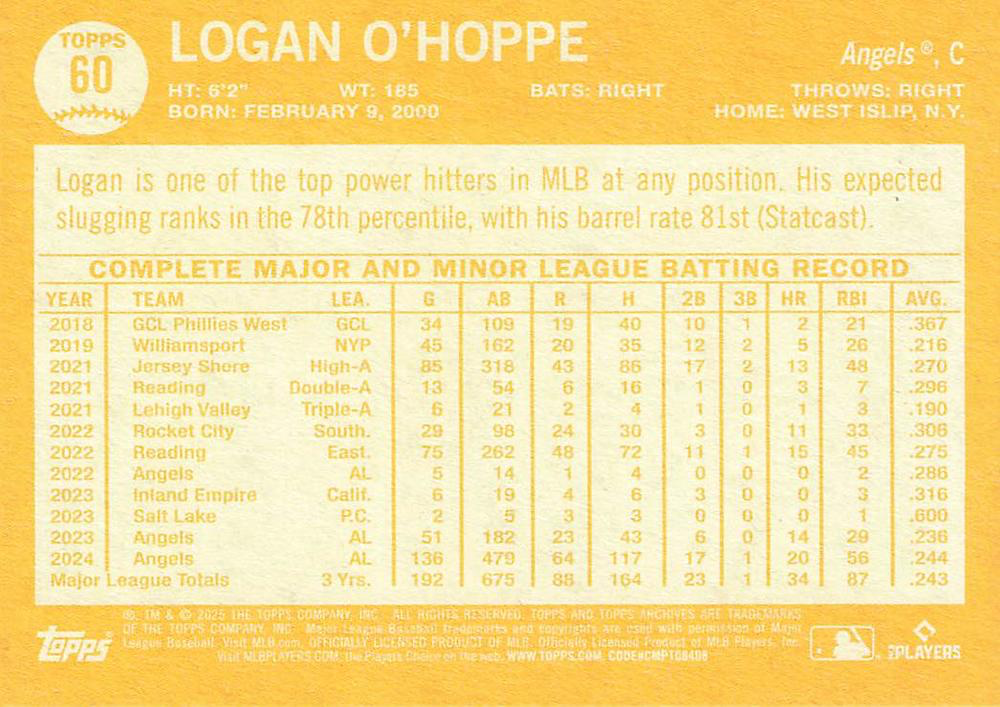 2025 Topps Archives Logan O'Hoppe #60 Los Angeles Angels