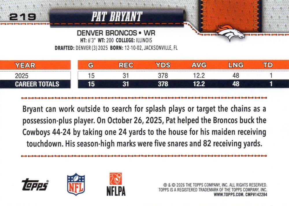 2026 Topps Flagship Pat Bryant #219 Denver Broncos