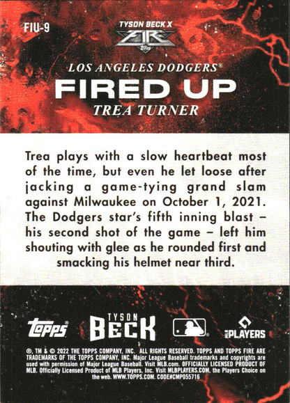 2022 Topps Fire Fired Up Gold Minted Trea Turner Los Angeles Dodgers #FIU-9