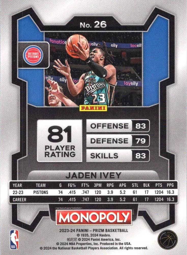 2023 Panini Prizm Monopoly Jaden Ivey #26 Detroit Pistons