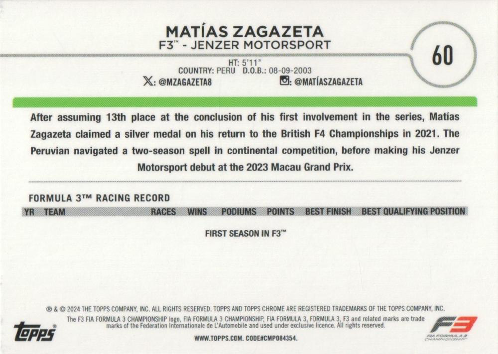 2024 Topps Chrome Formula 1 Matias Zagazeta F3D #60 Jenzer Motorsport