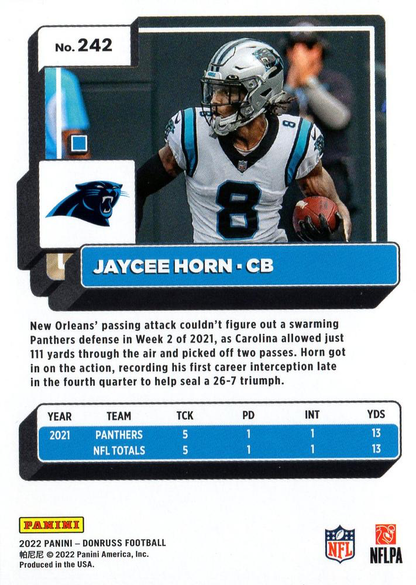 2022 Panini Donruss Jaycee Horn #242 Carolina Panthers