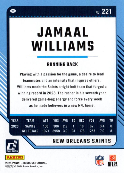 2024 Panini Donruss Jamaal Williams New Orleans Saints #221