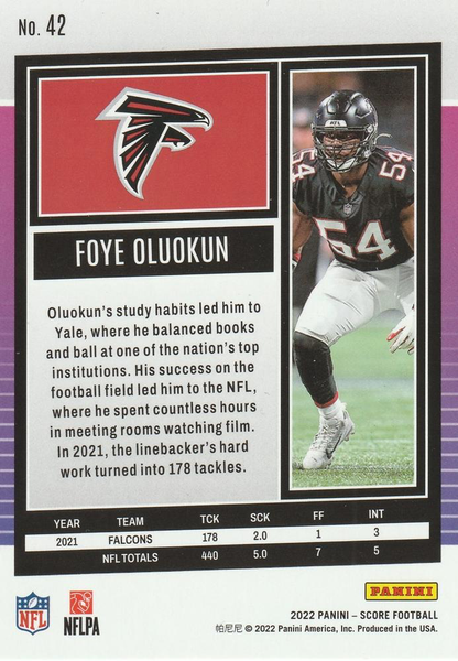2022 Panini Score Foye Oluokun Atlanta Falcons #42