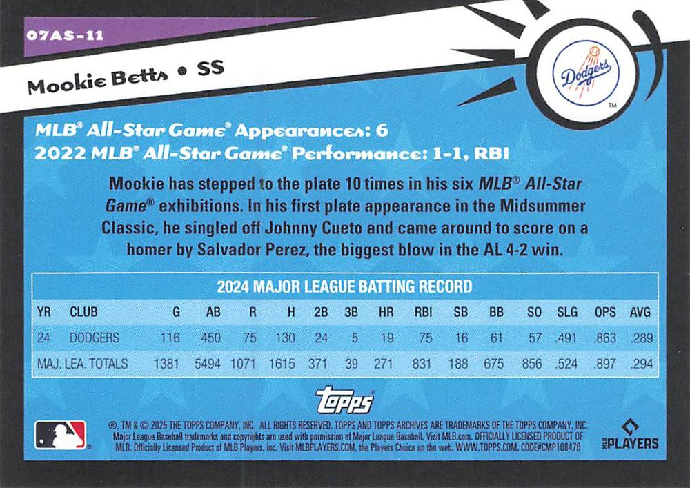 2025 Topps Archives 2007 Topps All-Stars Mookie Betts #07AS-11 Los Angeles Dodgers