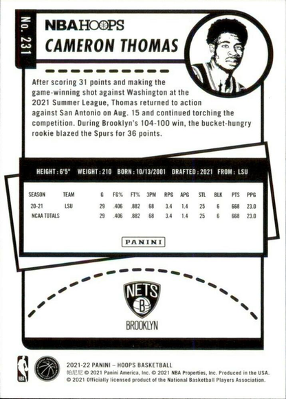 2021 Panini Hoops Cameron Thomas RC #231 Brooklyn Nets