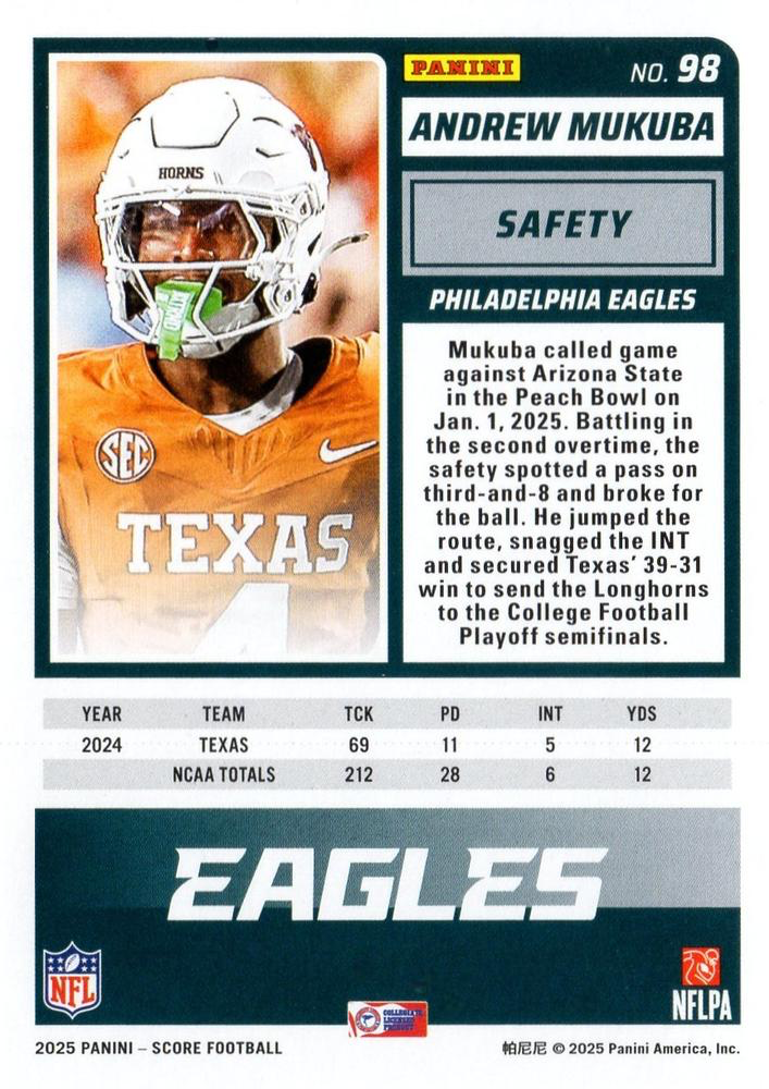 2025 Panini Score Andrew Mukuba RC #98 Philadelphia Eagles