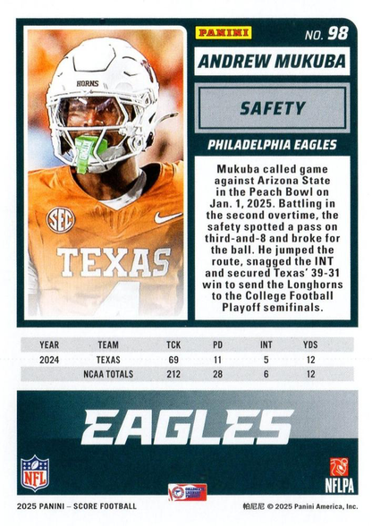2025 Panini Score Andrew Mukuba RC #98 Philadelphia Eagles