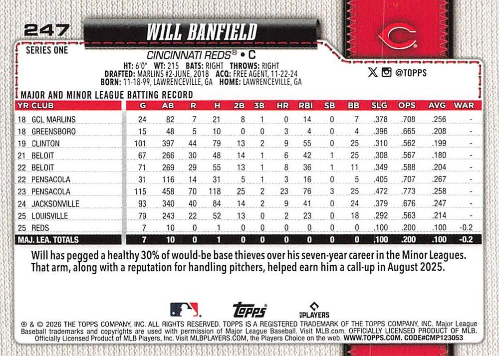2026 Topps Series 1 Will Banfield RC #247 Cincinnati Reds
