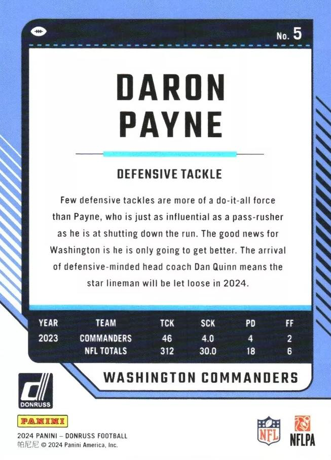 2024 Panini Donruss Daron Payne Washington Commanders #5
