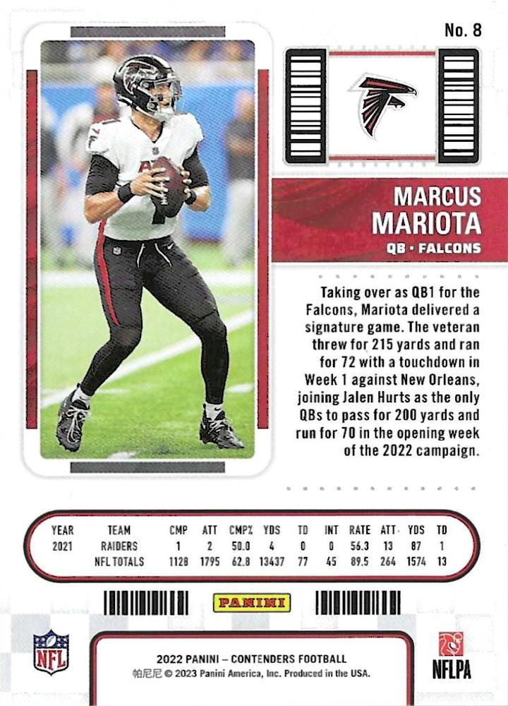 2022 Panini Contenders Marcus Mariota #8 Atlanta Falcons