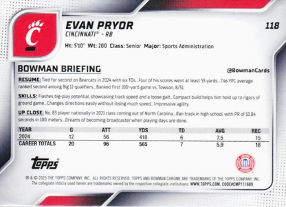 2025 Topps Bowman U Chrome Evan Pryor 1st #118 Cincinnati Bearcats