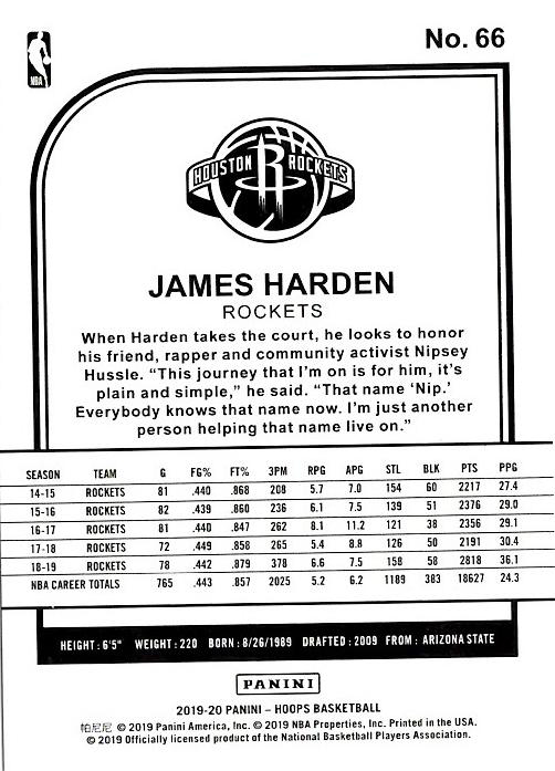 2019 Panini Hoops James Harden #66 Houston Rockets