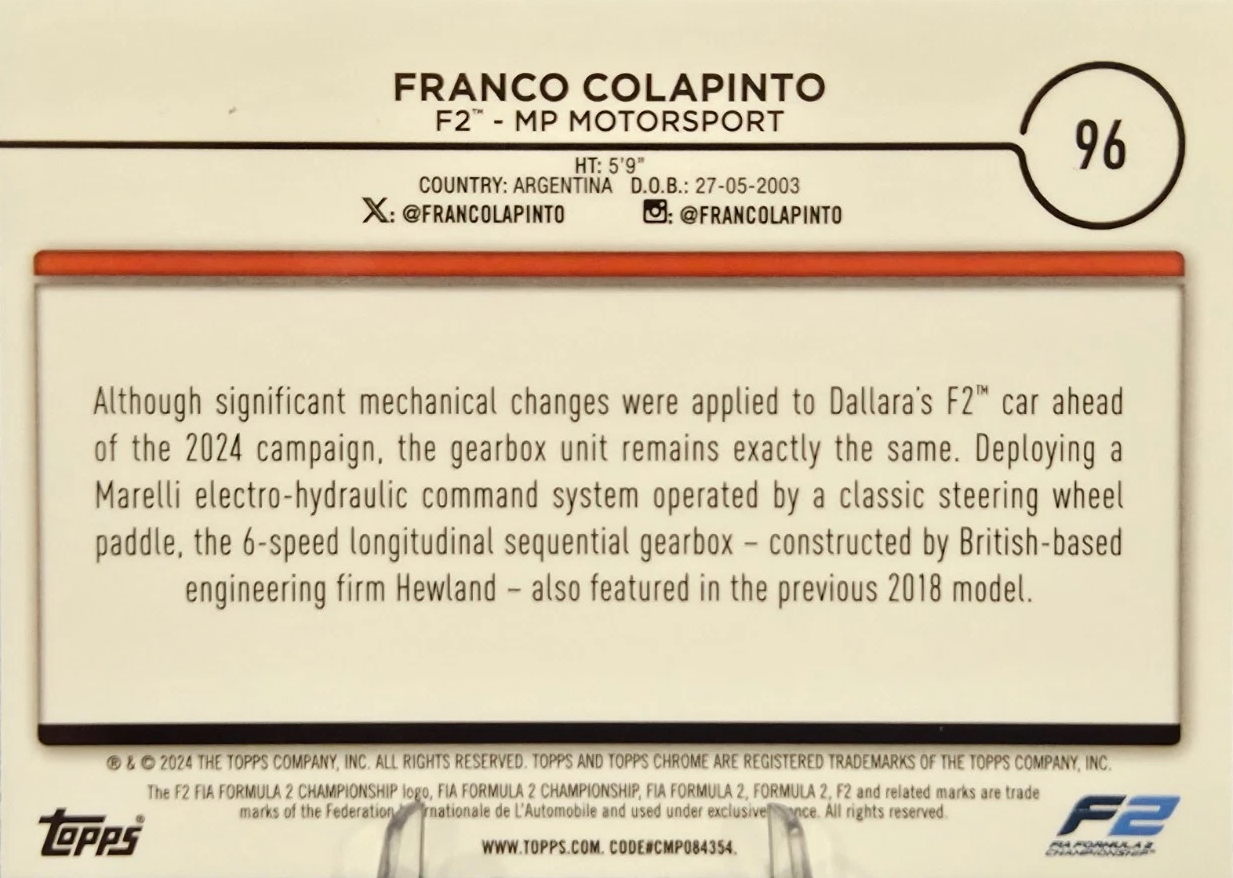 2024 Topps Chrome Formula 1 Logofractor Franco Colapinto F2C #96 MP Motorsport