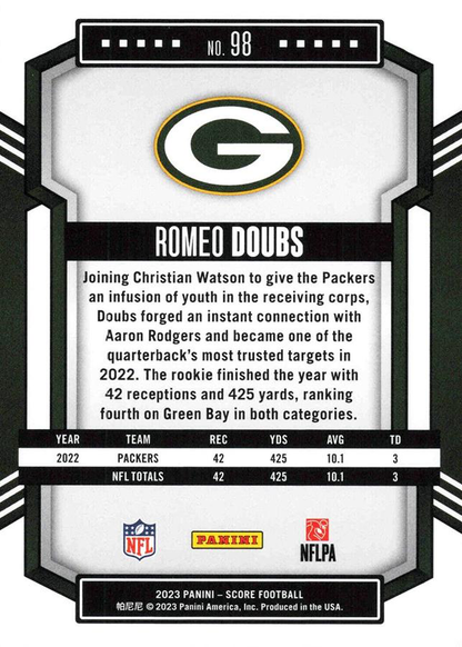 2023 Panini Score Football Romeo Doubs Green Bay Packers #98