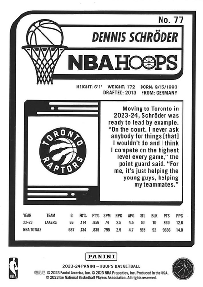 2023 Panini Hoops Dennis Schroder #77 Toronto Raptors