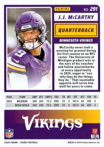 2025 Panini Score J.J. McCarthy #291 Minnesota Vikings