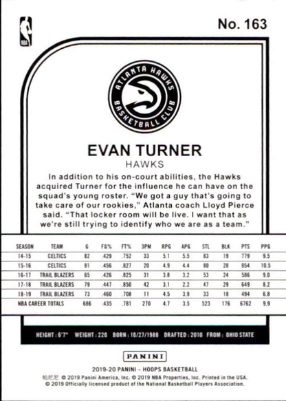 2019 Panini Hoops Evan Turner #163 Atlanta Hawks