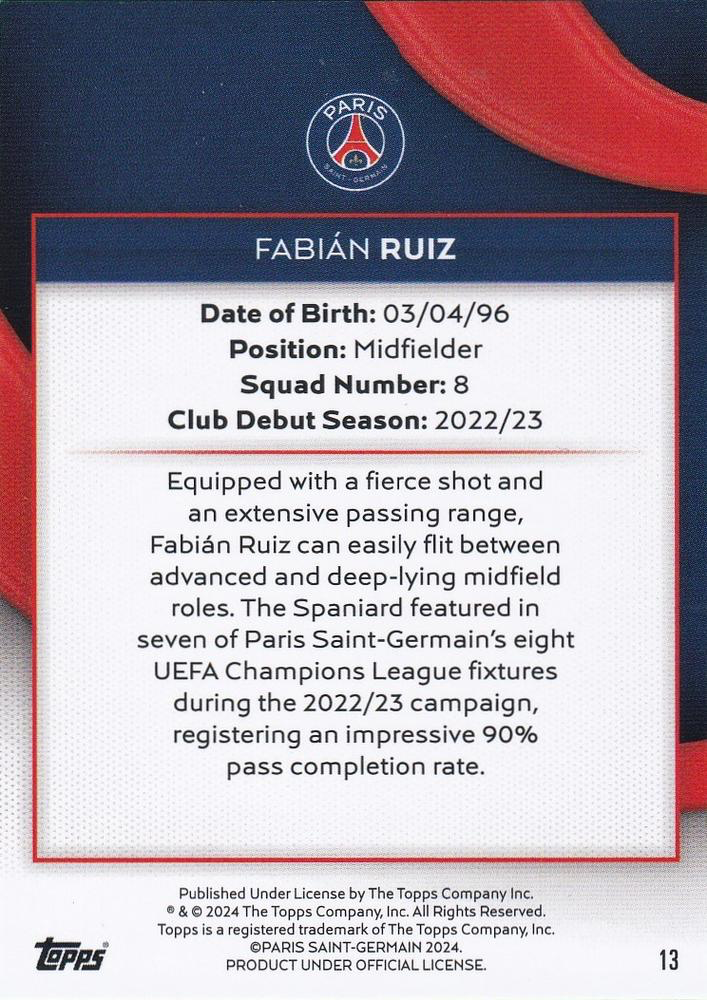 2023 Topps PSG Team Set Fabián Ruiz #13 Paris Saint-Germain