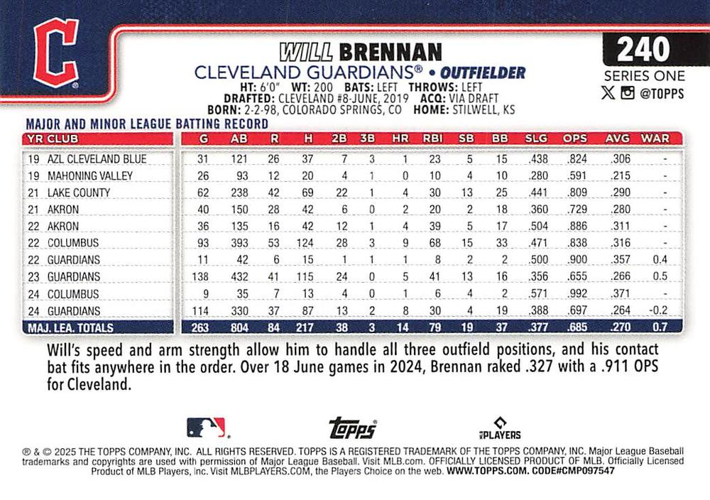 2025 Topps Series 1 Will Brennan Cleveland Guardians #240