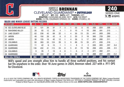 2025 Topps Series 1 Will Brennan Cleveland Guardians #240