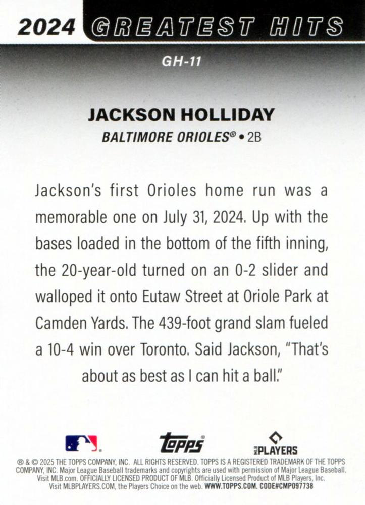 2025 Topps Series 1 2024 Greatest Hits Jackson Holliday Baltimore Orioles #GH-11