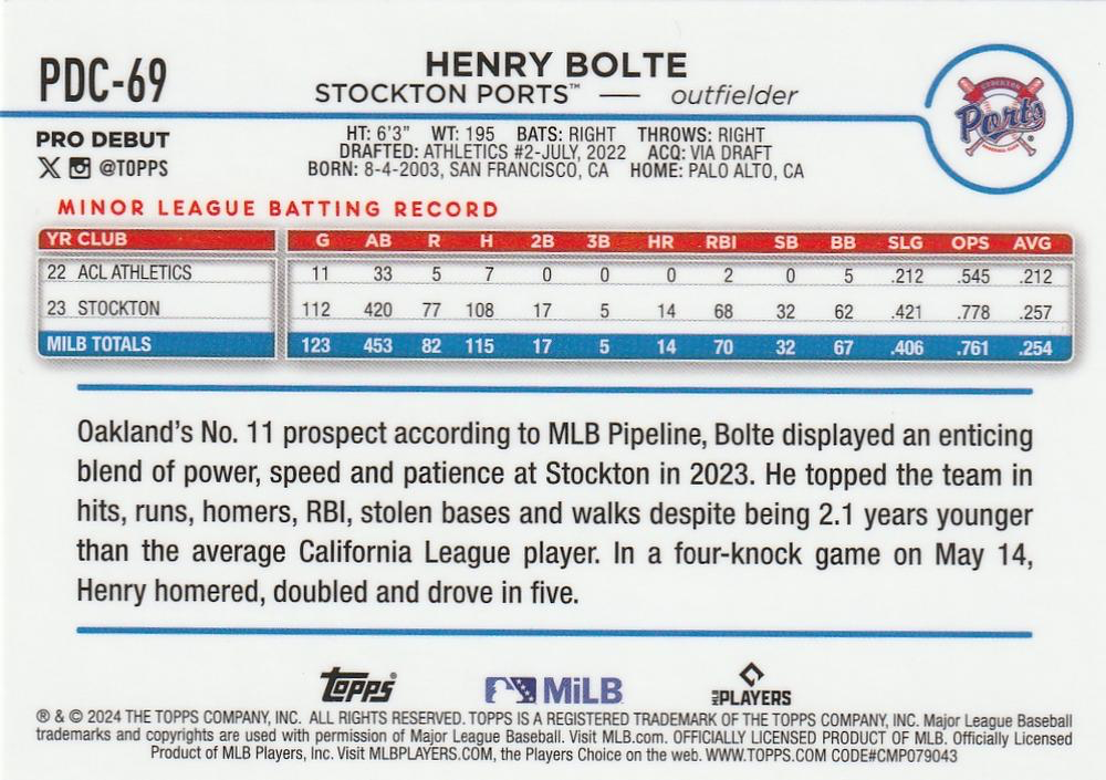 2024 Topps Pro Debut Chrome Refractor Henry Bolte #PDC-69 Stockton Ports