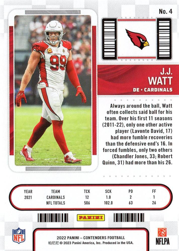 2022 Panini Contenders J.J. Watt #4 Arizona Cardinals