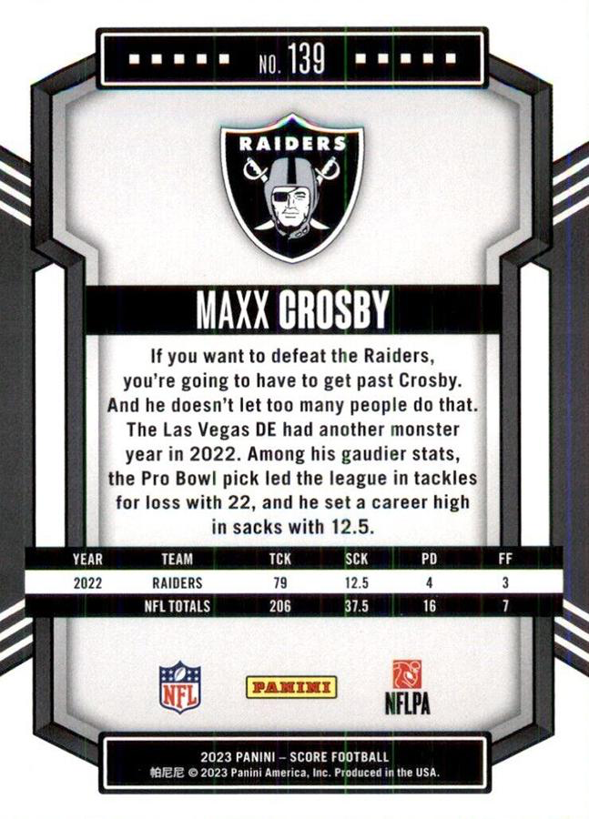 2023 Panini Score Football Maxx Crosby Las Vegas Raiders #139