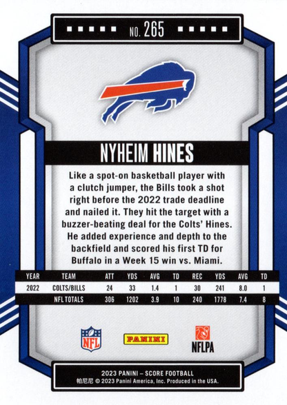 2023 Panini Score Football Nyheim Hines Buffalo Bills #265