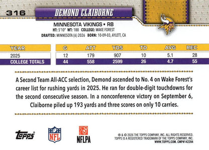 2026 Topps Flagship RC Demond Claiborne #316 Minnesota Vikings