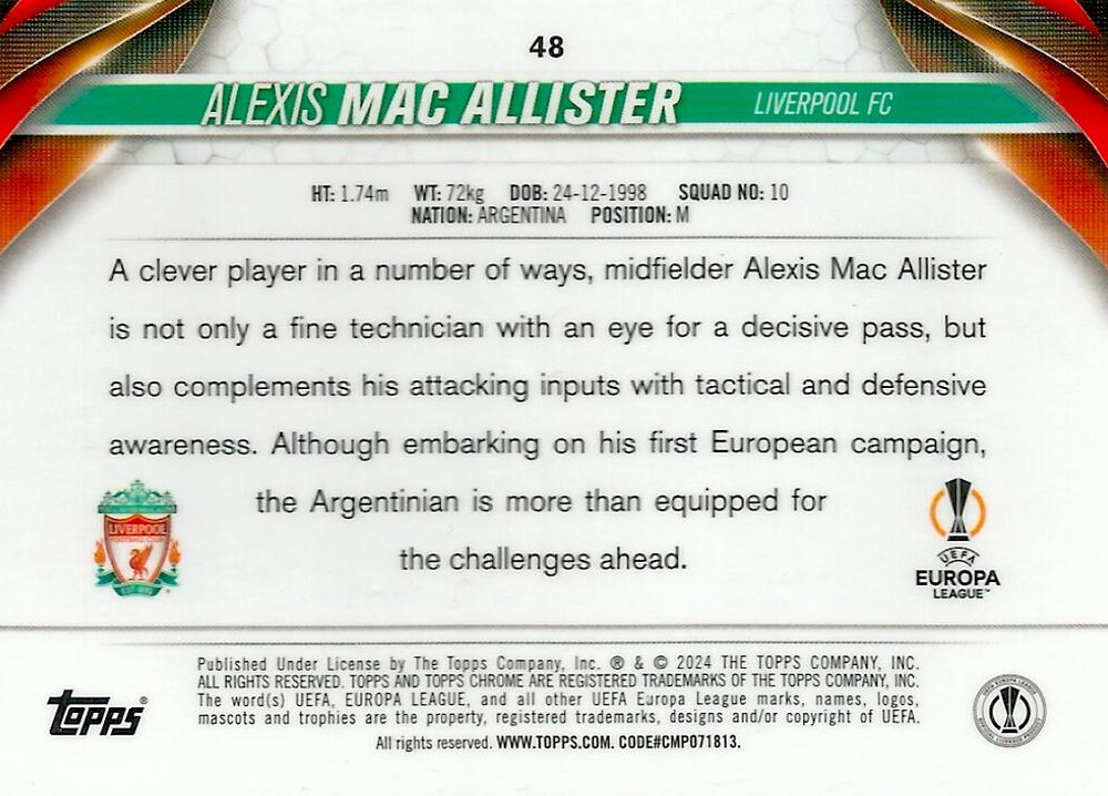 2023 Topps Chrome UEFA Club Competitions Alexis Mac Allister #48 Liverpool
