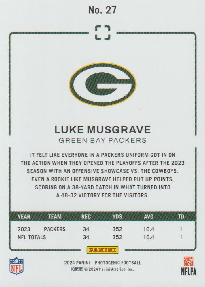 2024 Panini Photogenic Luke Musgrave #27 Green Bay Packers