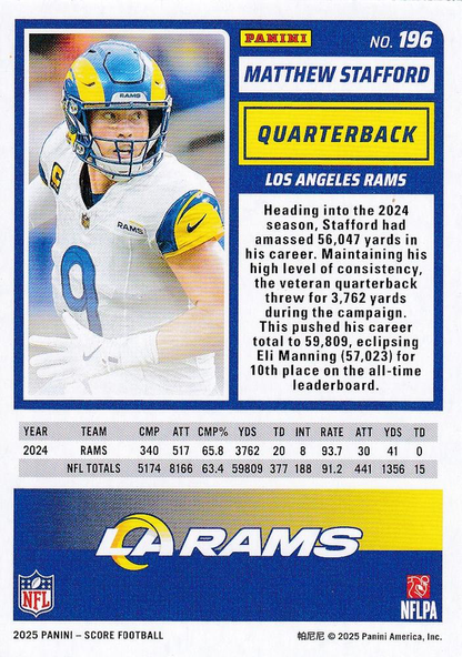 2025 Panini Score Matthew Stafford #196 Los Angeles Rams